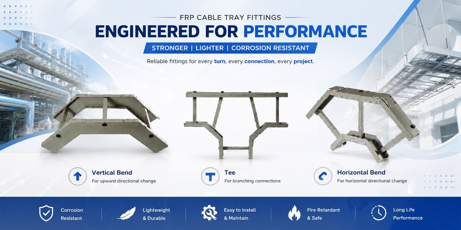 FRP Cable Trays, Ladder Type, Trough Type, Channel Type FRP Cable Trays, Industrial Cable Trays, Perforated FRP Cable Trays, Z Channel, C Channel Support Systems, FRP Gratings, FRP Cable Tray Accessories, Cable Tray Fittings And Accessories, Coupler Plates